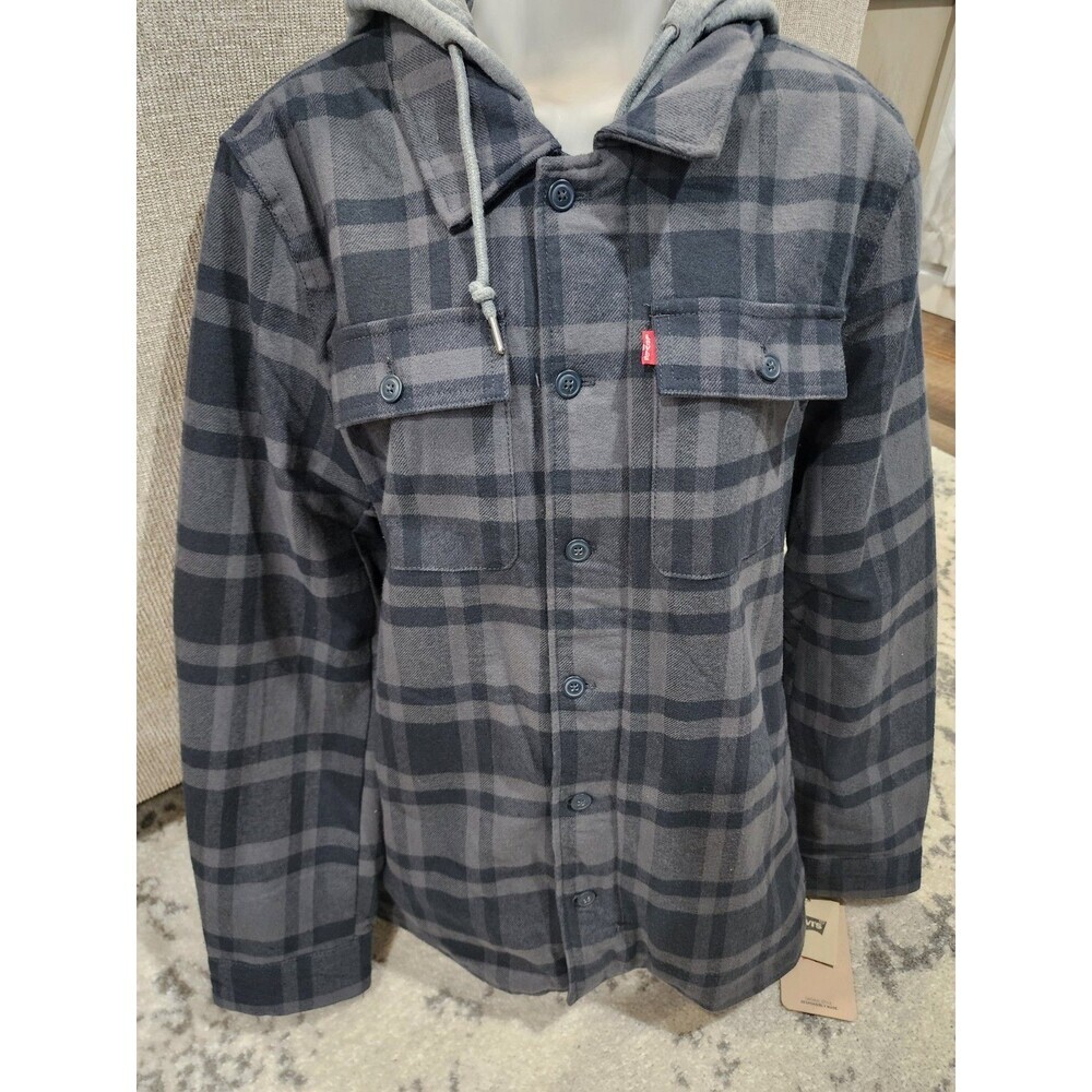 NEW Levi Strauss & Co. Men's Plaid Hooded Lined Shirt Jacket Black Grey Small